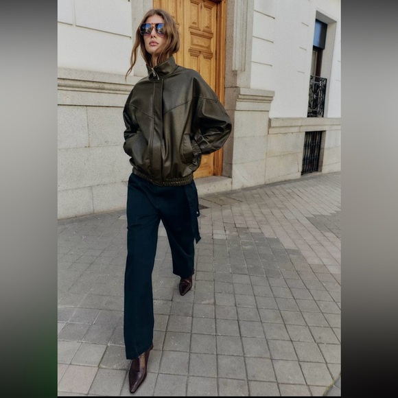 New ZARA Faux Leather High Collar Bomber Jacket - Picture 2 of 9